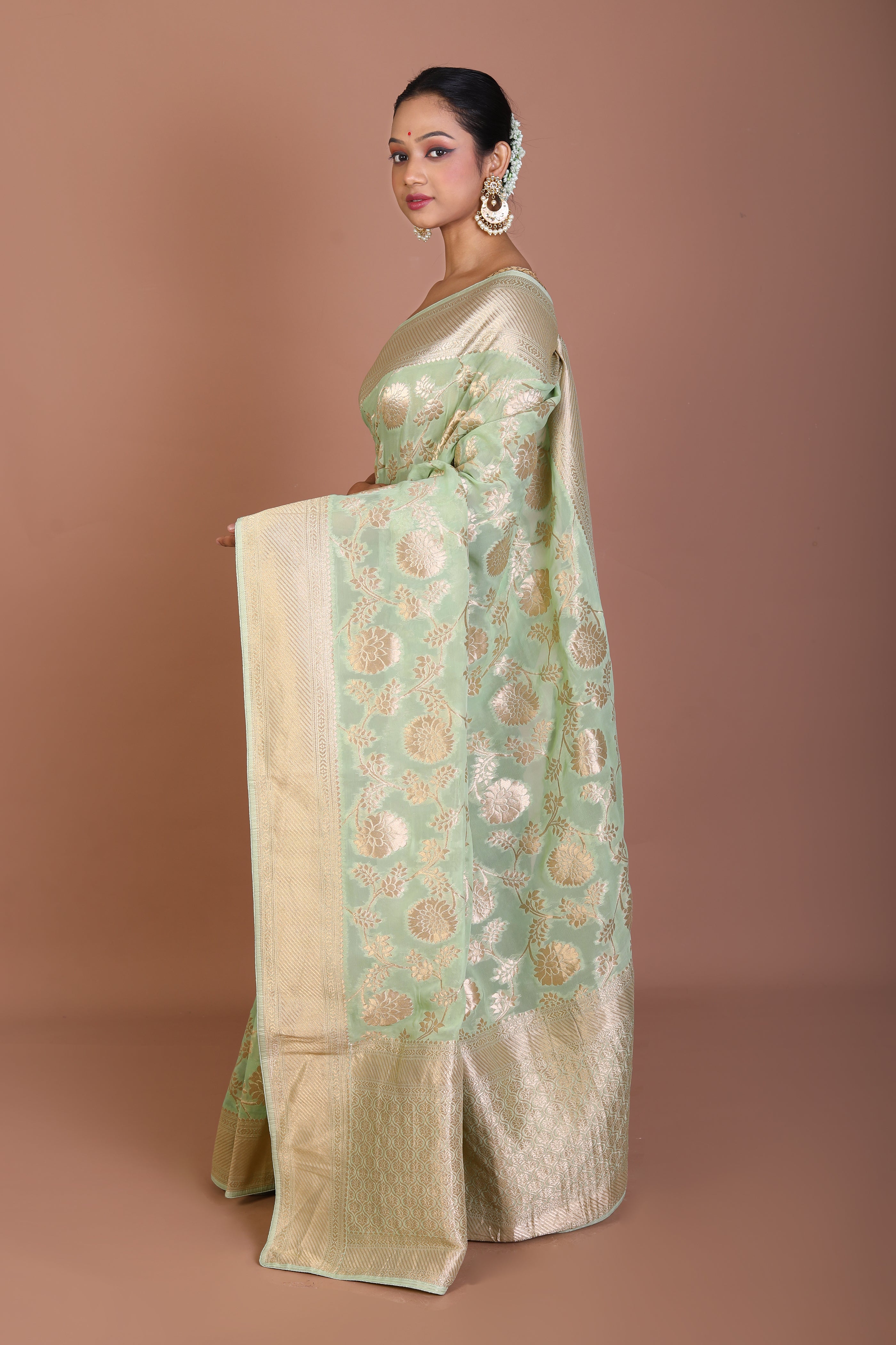 Light Green Blended Khaddi Saree - Keya Seth Exclusive