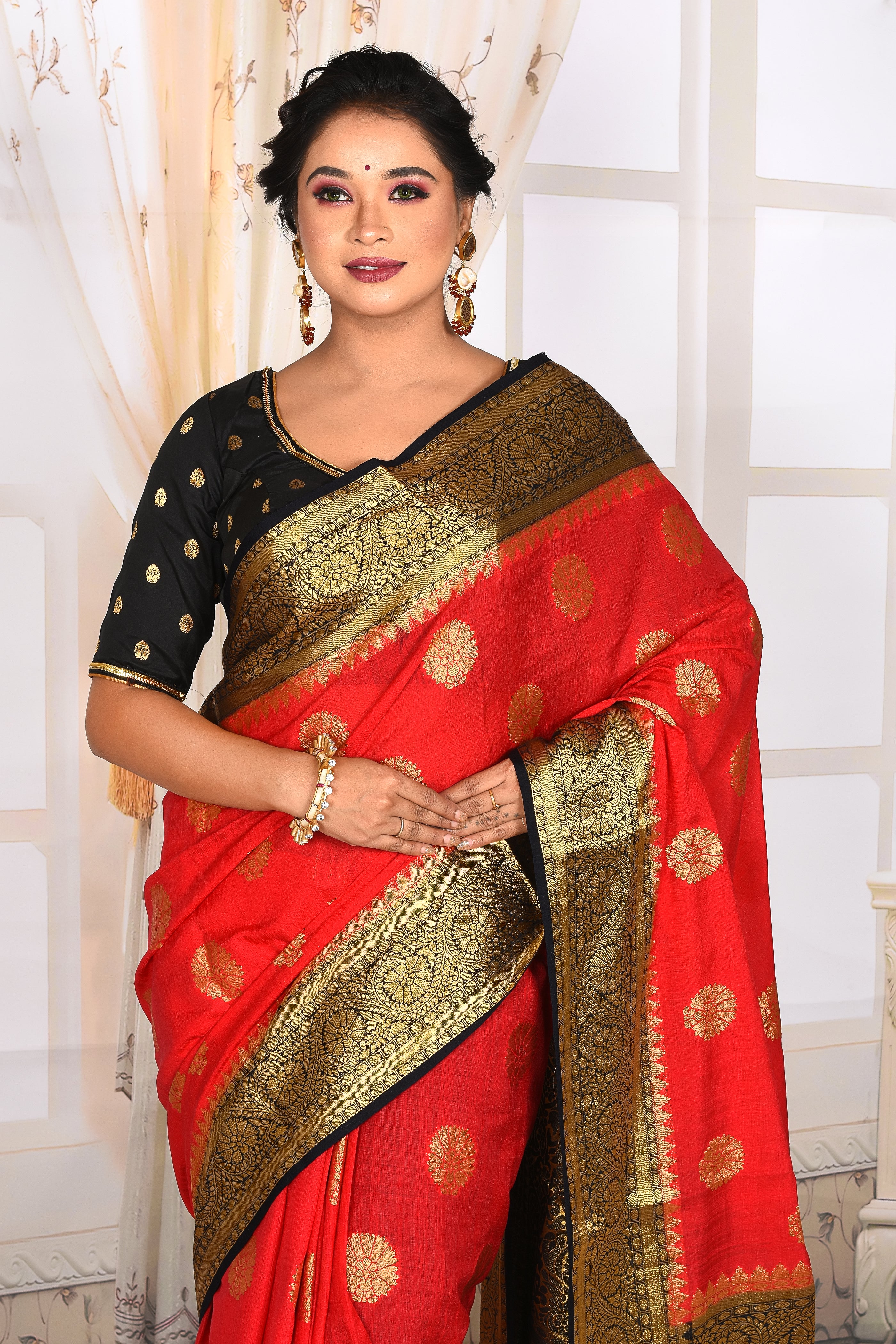 Red Dupion Saree with Black Border and Golden Zari - Keya Seth Exclusive