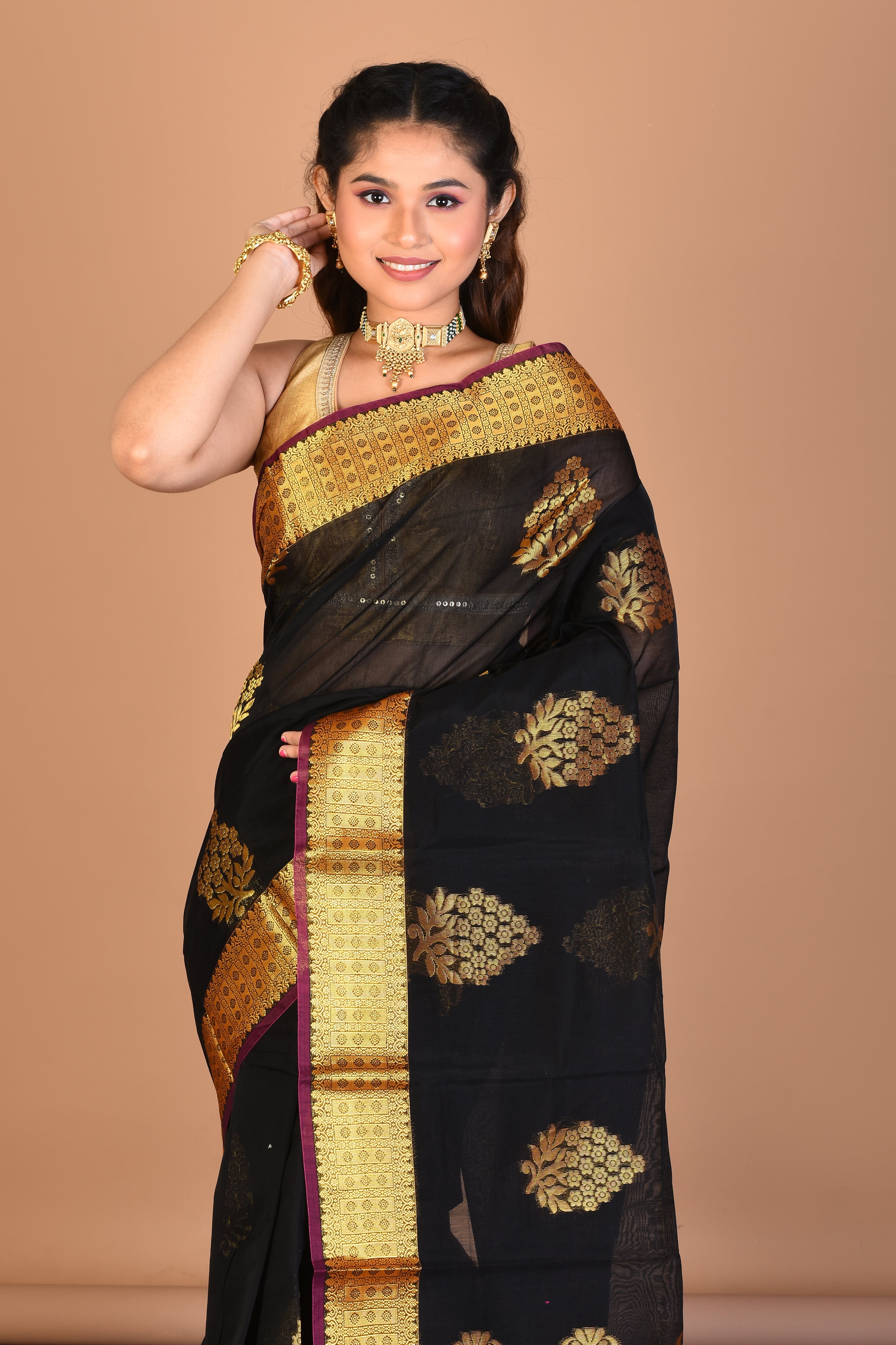 Black Blended Art Silk Saree with Blouse Piece - Keya Seth Exclusive