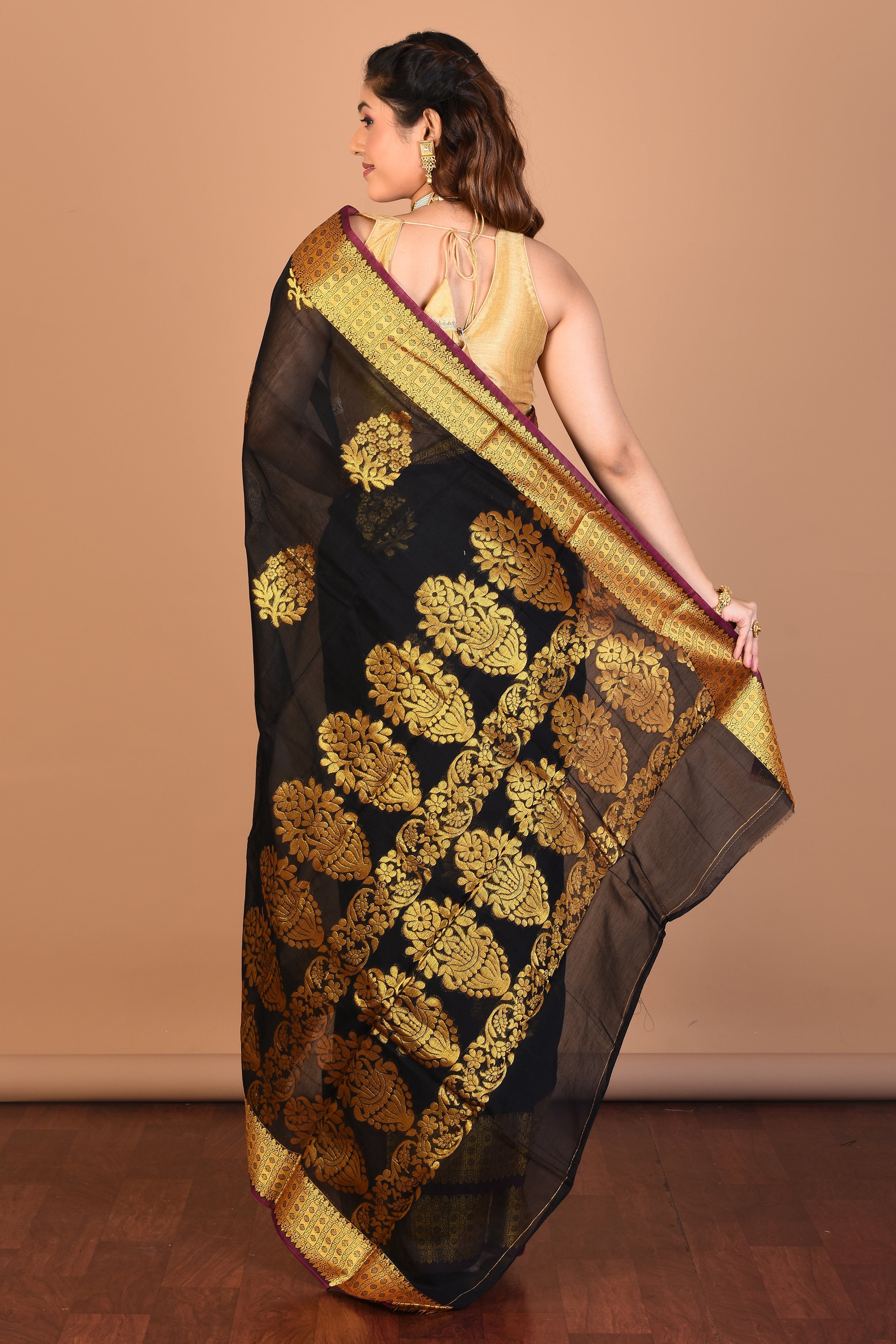 Black Blended Art Silk Saree with Blouse Piece - Keya Seth Exclusive