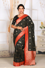 Load image into Gallery viewer, Shiny Bright Black Semi Tussar Saree with Red Border - Keya Seth Exclusive
