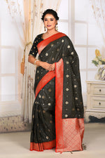 Load image into Gallery viewer, Shiny Bright Black Semi Tussar Saree with Red Border - Keya Seth Exclusive
