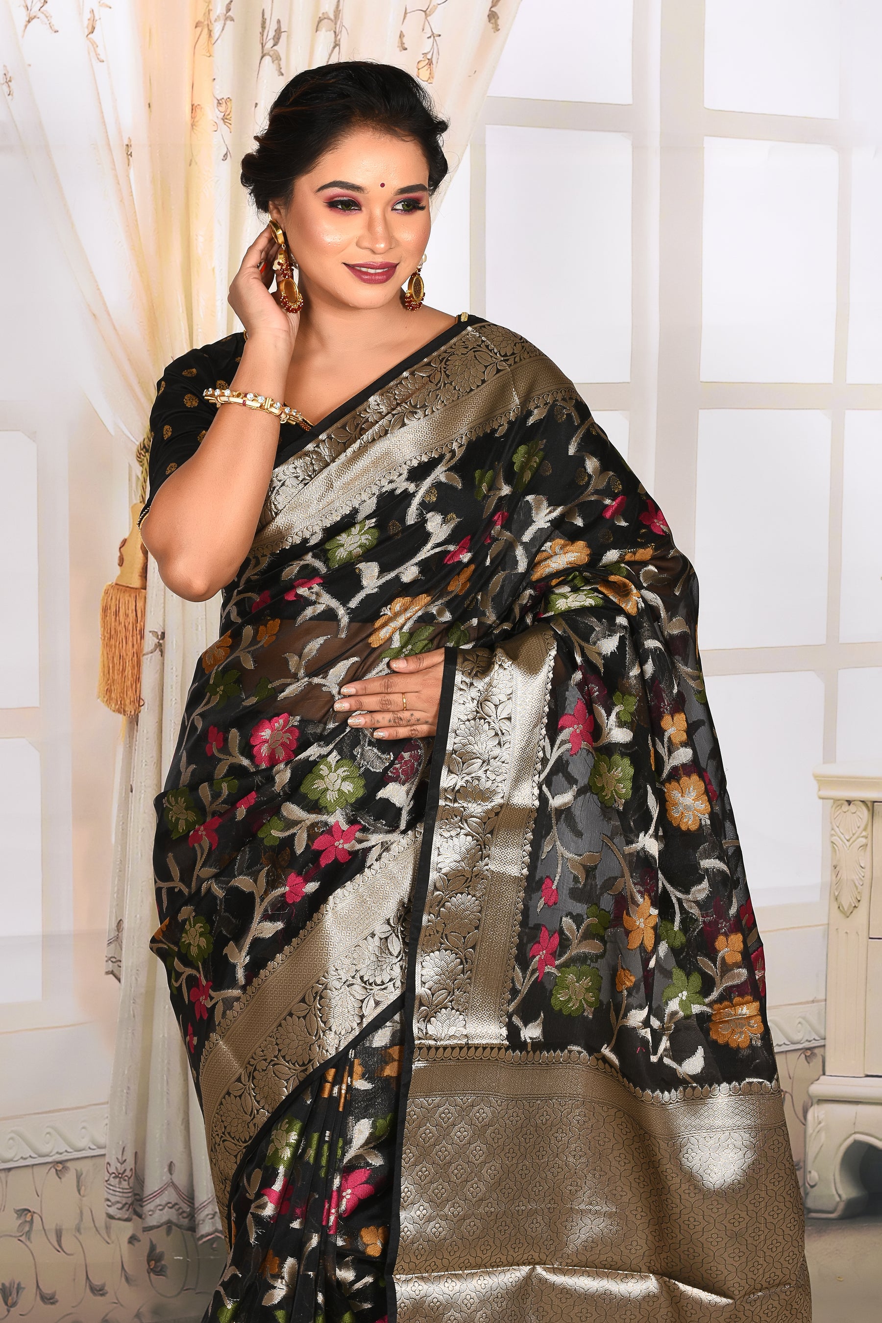 Black Organza Saree with Golden Border - Keya Seth Exclusive