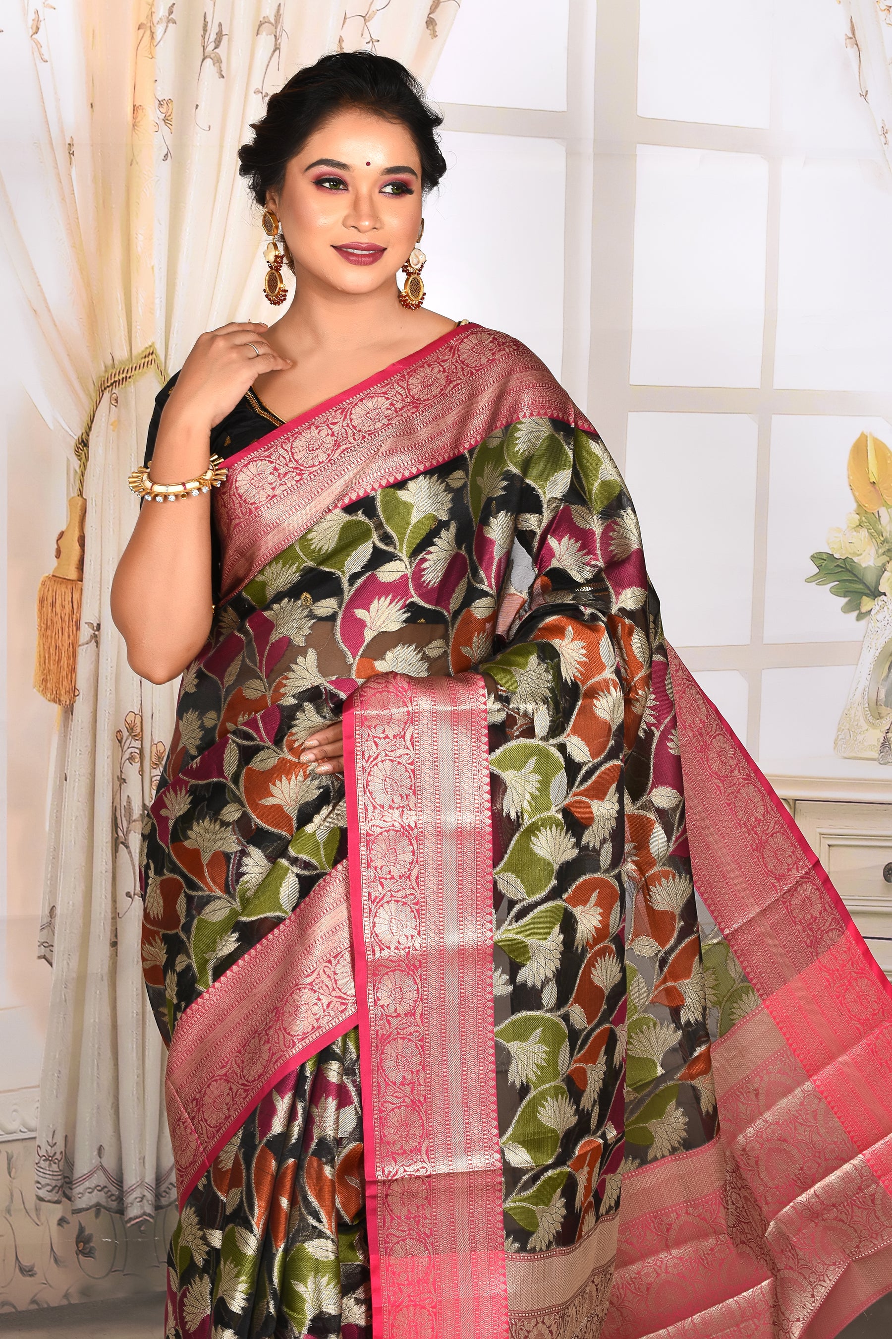 Black Organza Rangkat Saree with Pink Border - Keya Seth Exclusive