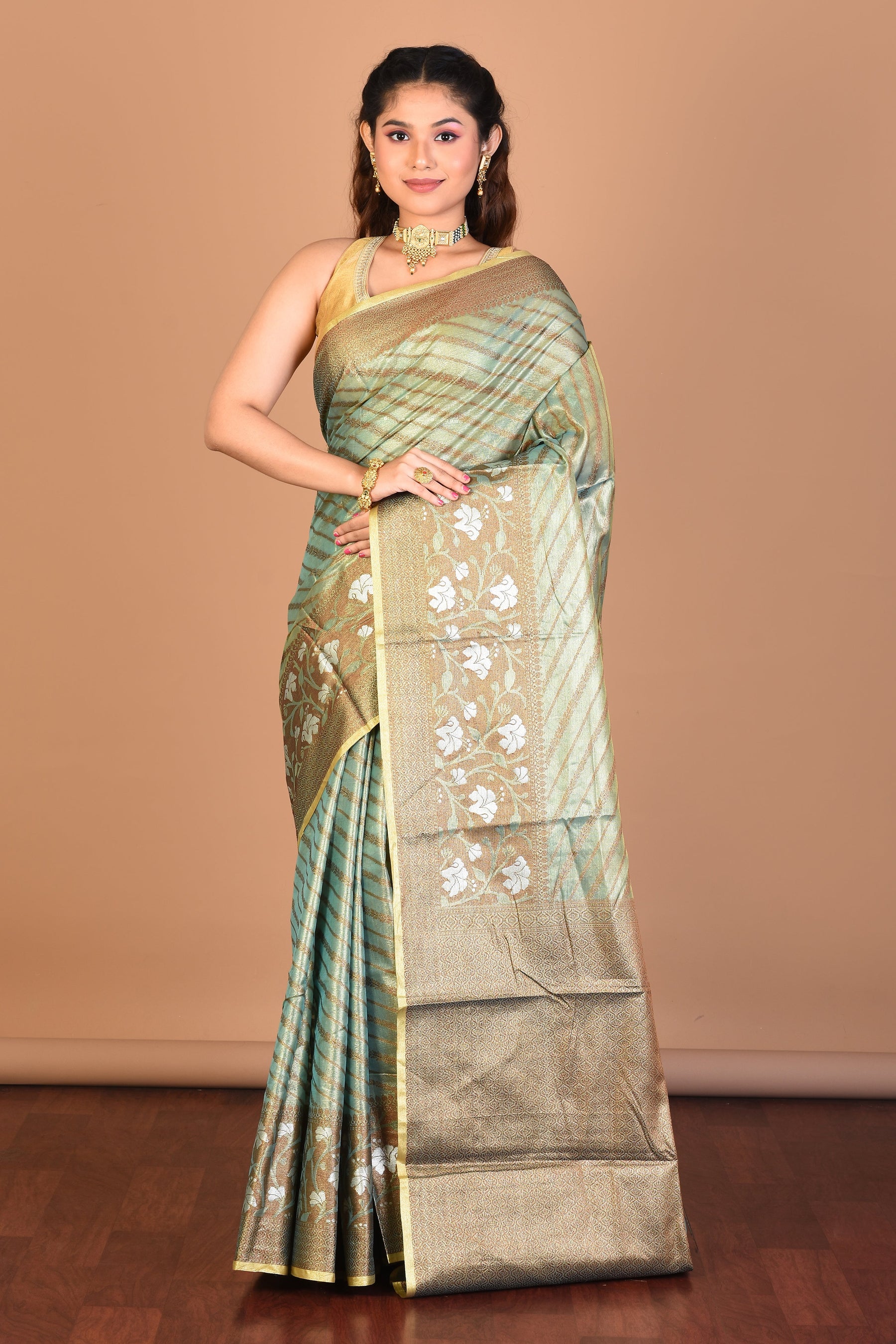 Green Tissue Silk Saree with Blouse Piece - Keya Seth Exclusive