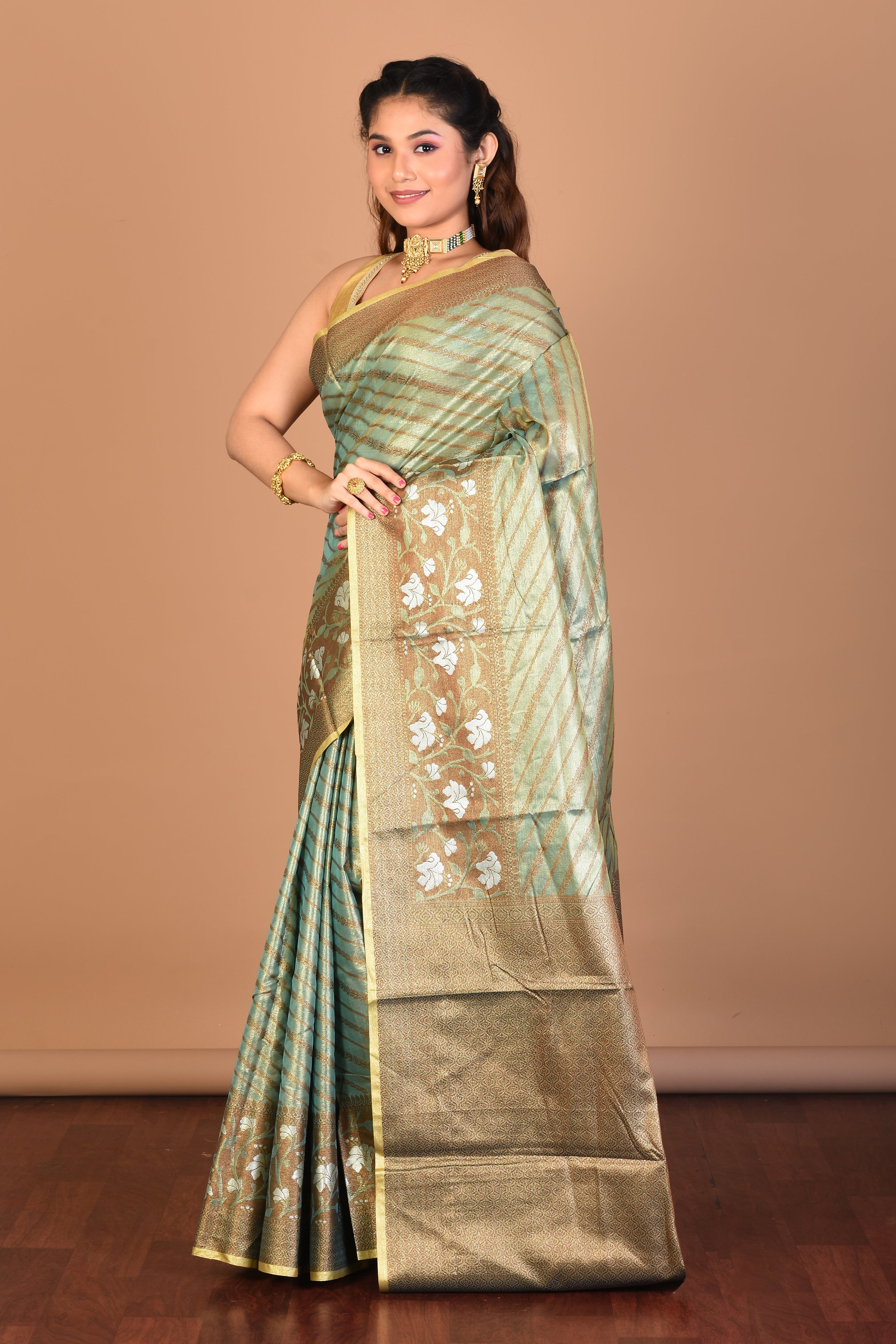 Green Tissue Silk Saree with Blouse Piece - Keya Seth Exclusive