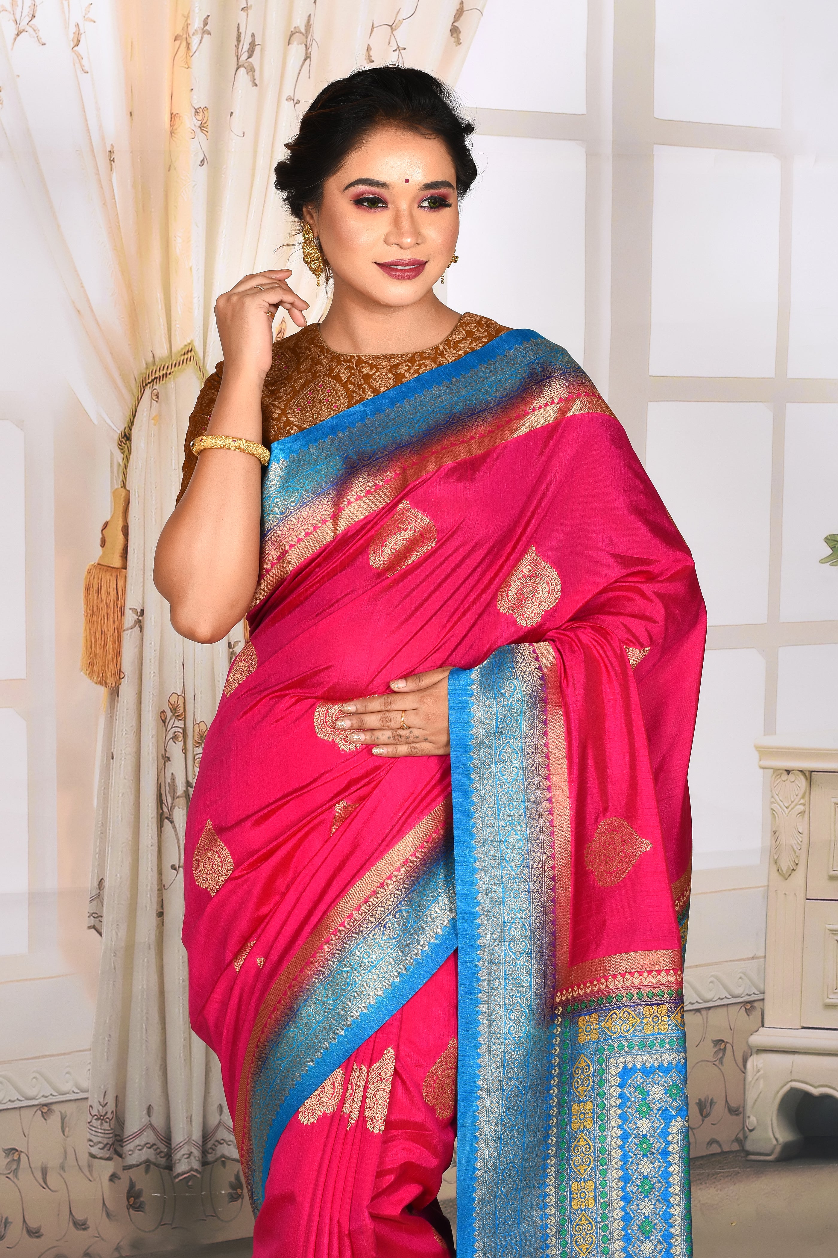 Shiny Bright Pink Dupion Silk Saree - Keya Seth Exclusive