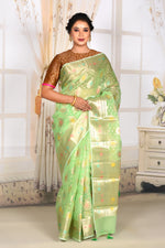 Load image into Gallery viewer, Mint Green Organza Saree with Golden Border - Keya Seth Exclusive
