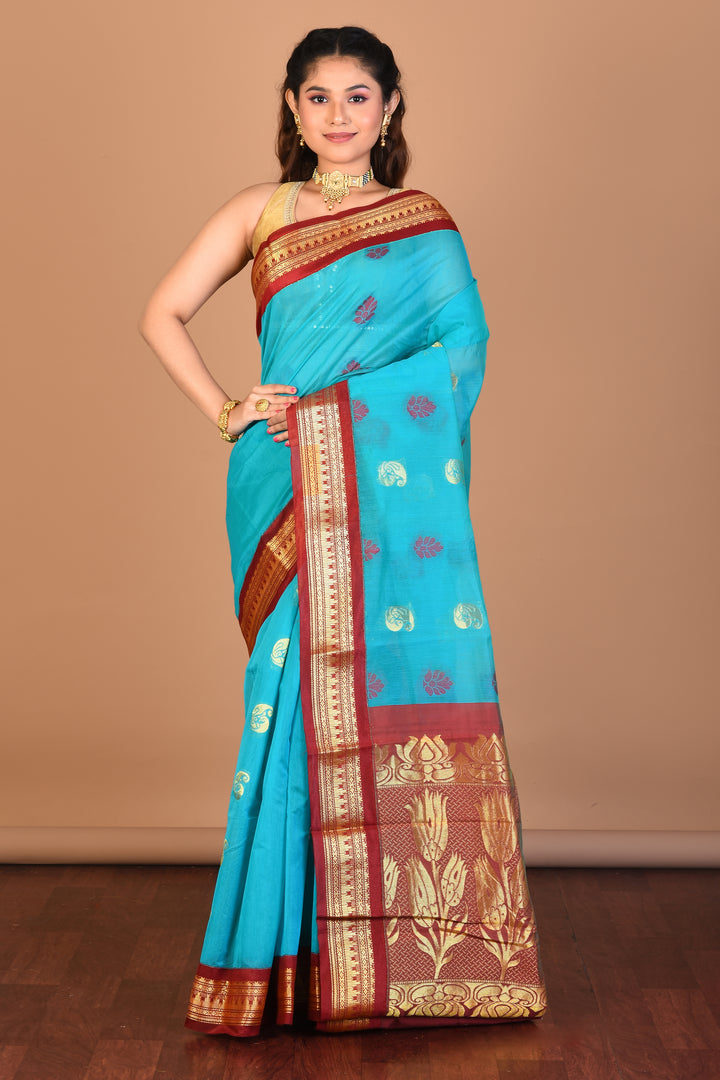 Blue Tissue Silk Saree with Blouse Piece - Keya Seth Exclusive