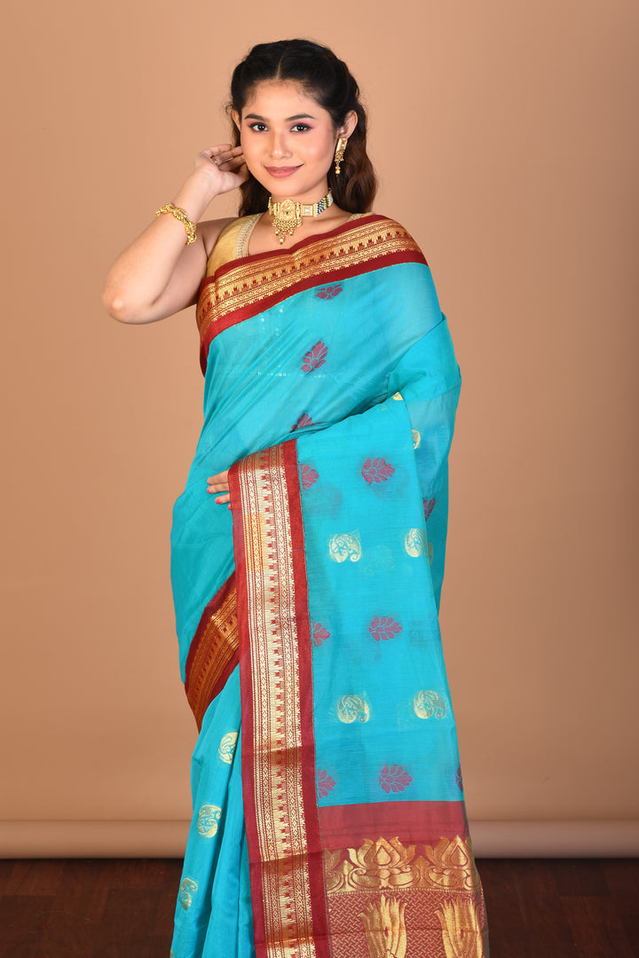 Blue Tissue Silk Saree with Blouse Piece - Keya Seth Exclusive