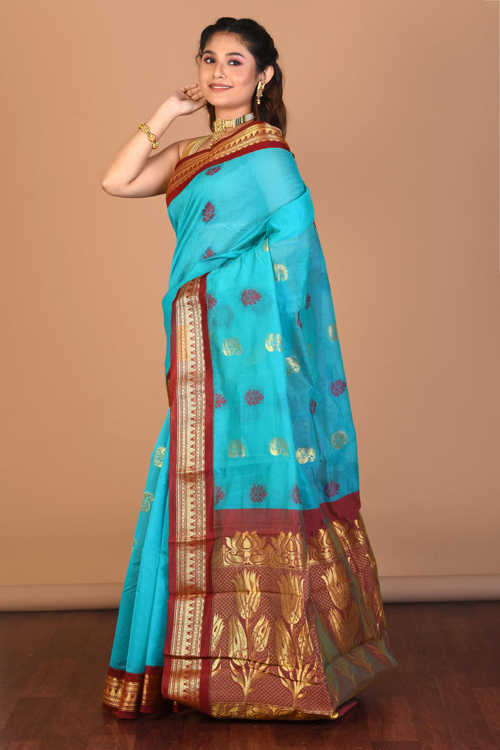 Blue Tissue Silk Saree with Blouse Piece - Keya Seth Exclusive