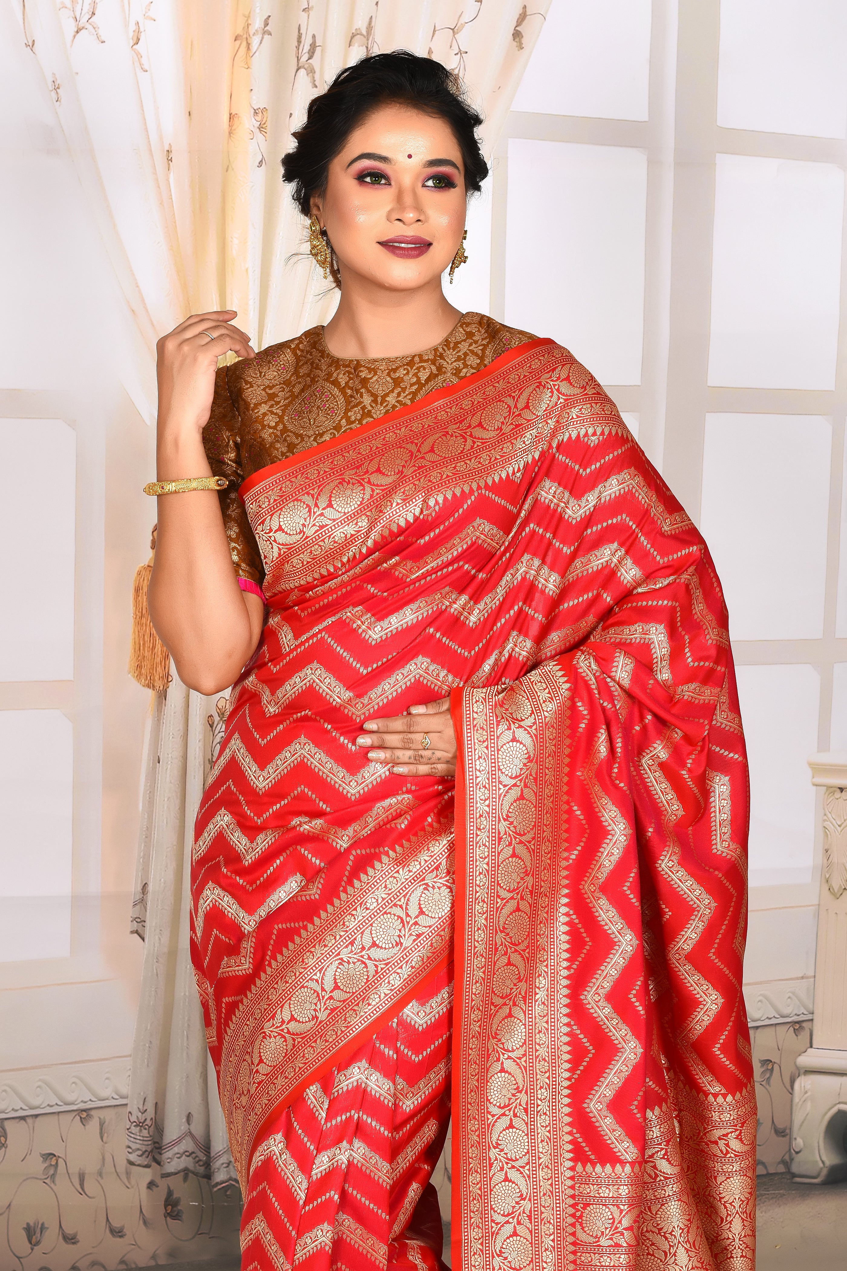 Chrome Red Semi Katan Silk Saree - Keya Seth Exclusive