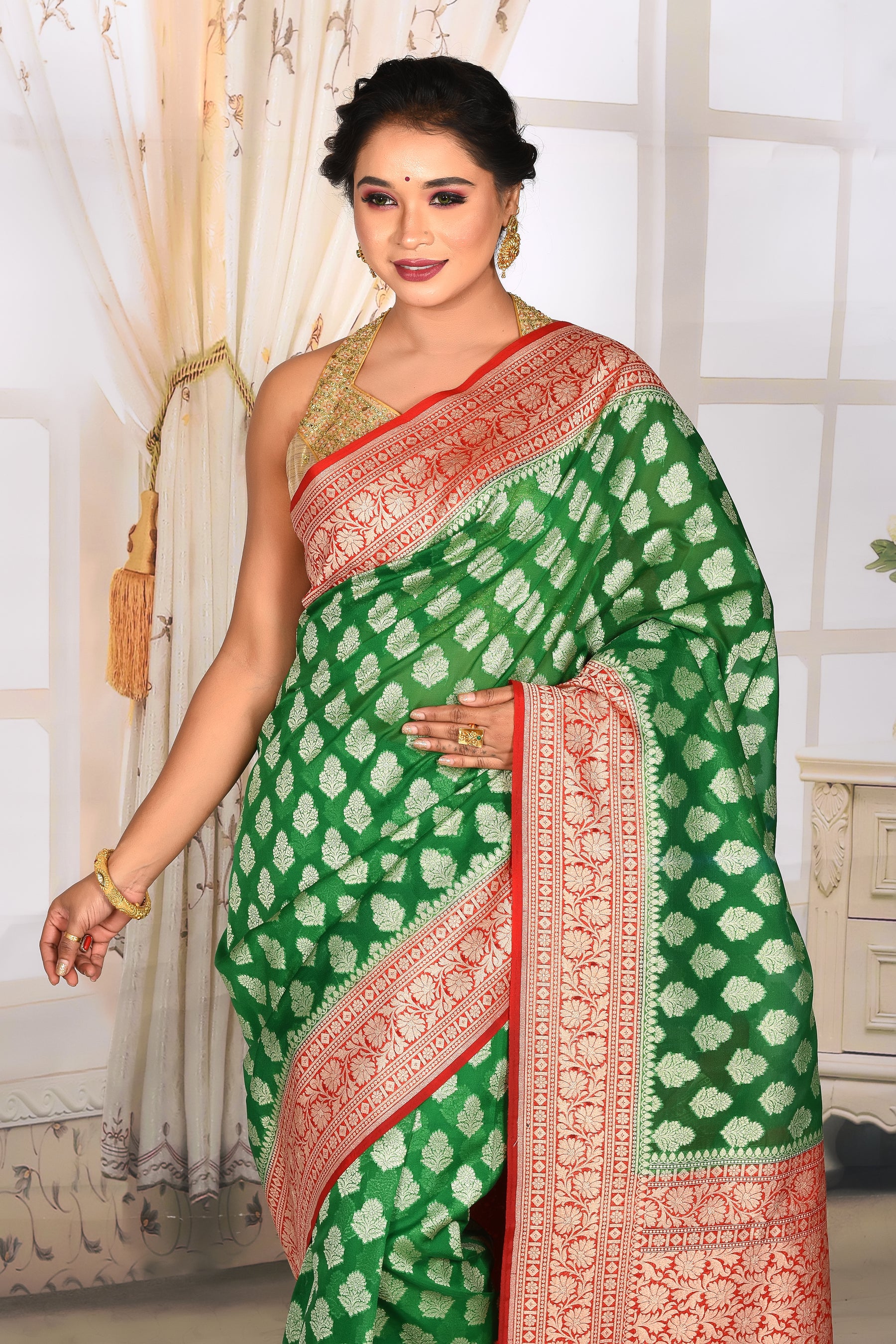 Bottle Green Organza Saree with Red Border - Keya Seth Exclusive