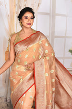 Load image into Gallery viewer, Glossy Cream Organza Saree with Red Border - Keya Seth Exclusive
