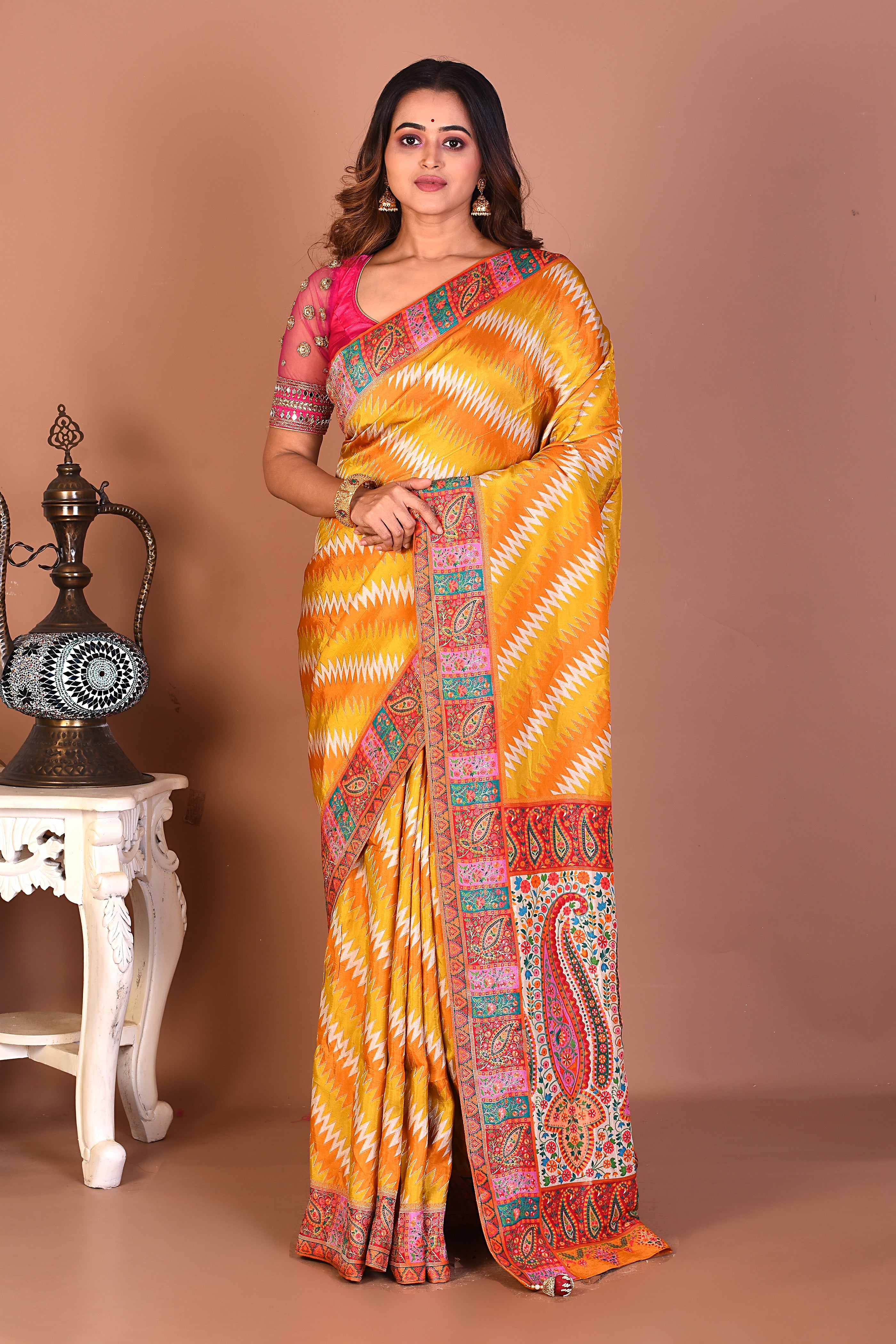 Yellow Blended Printed Silk Saree - Keya Seth Exclusive