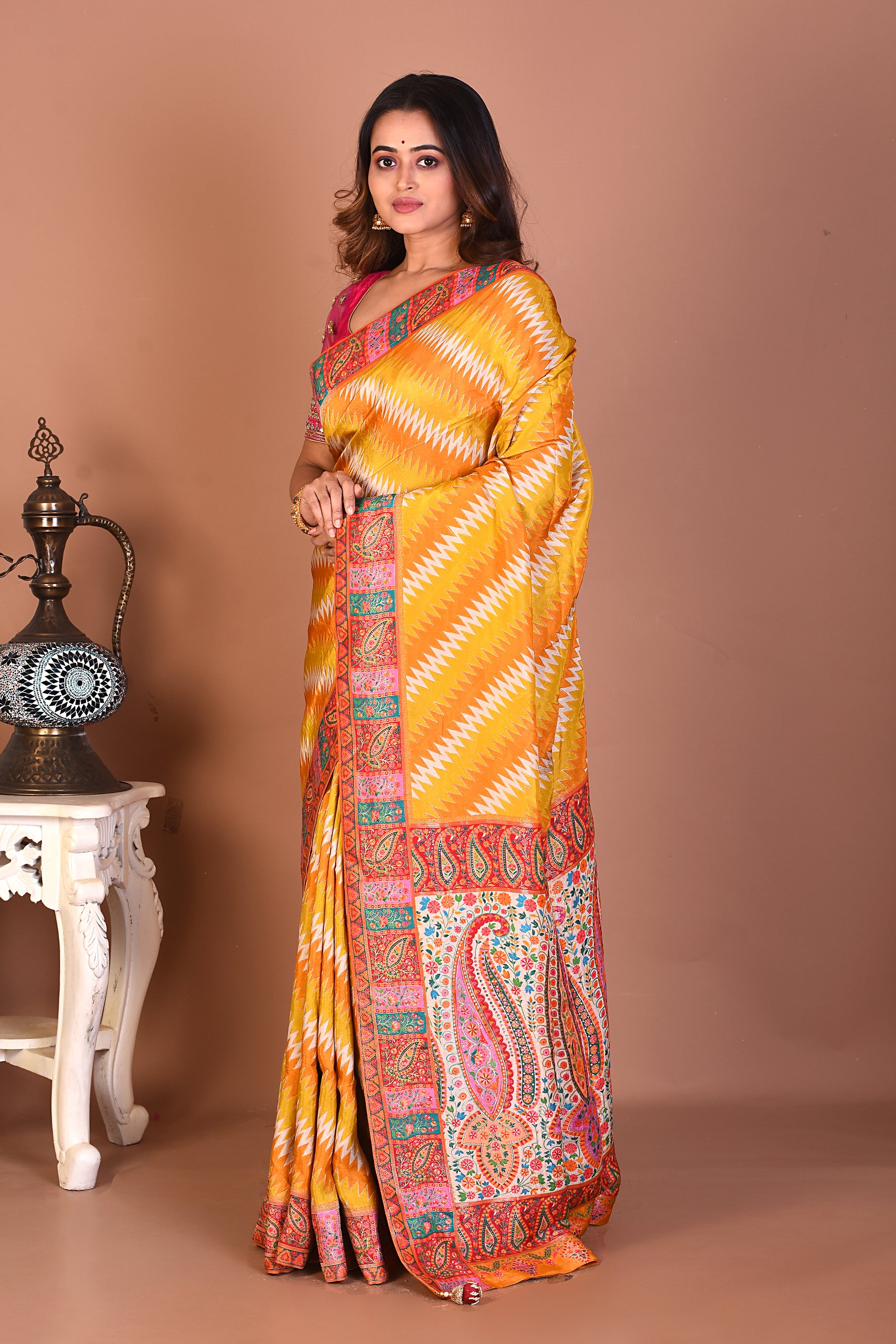 Yellow Blended Printed Silk Saree - Keya Seth Exclusive