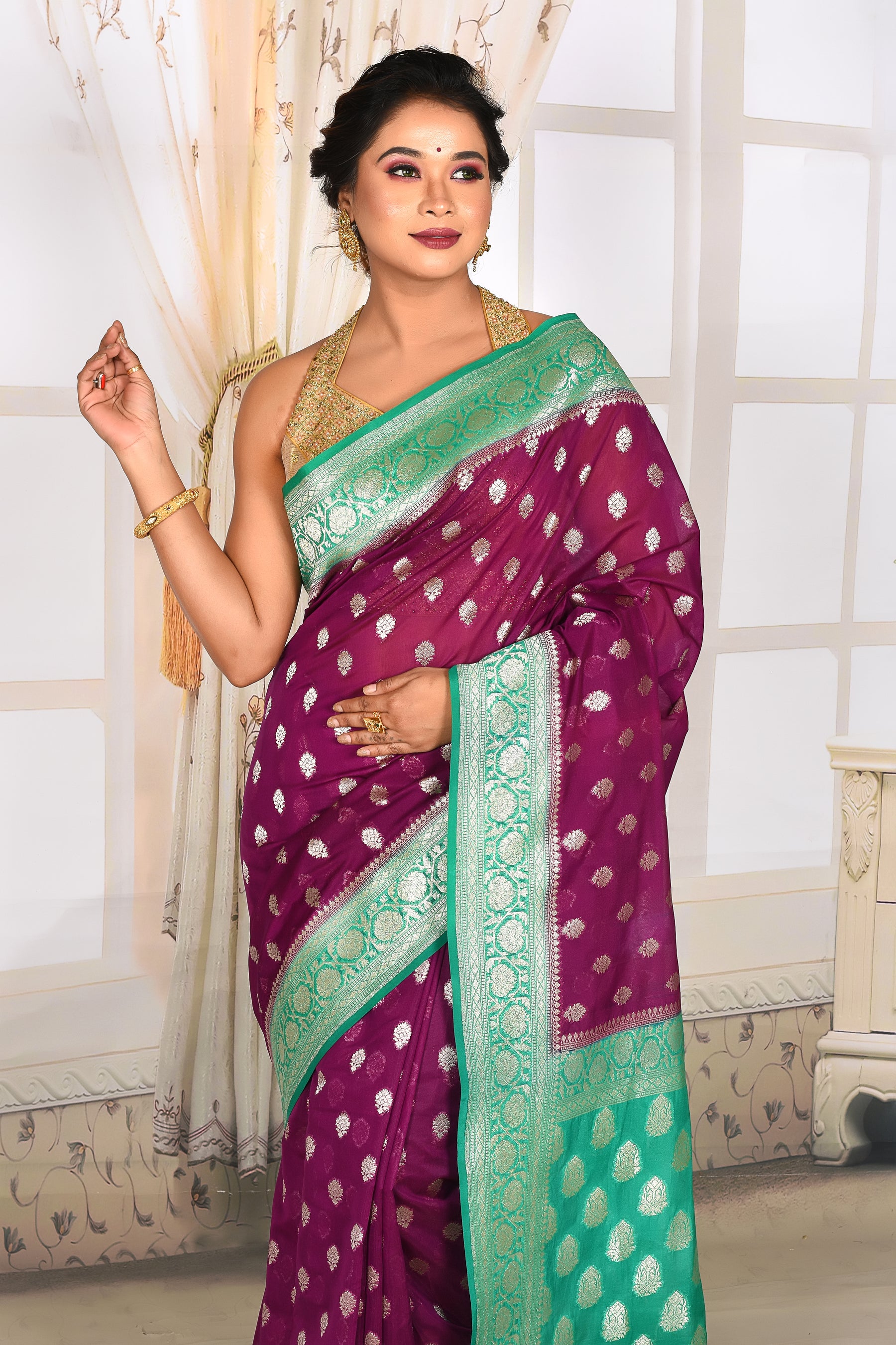 Magenta Organza Saree with Sea Green Border - Keya Seth Exclusive