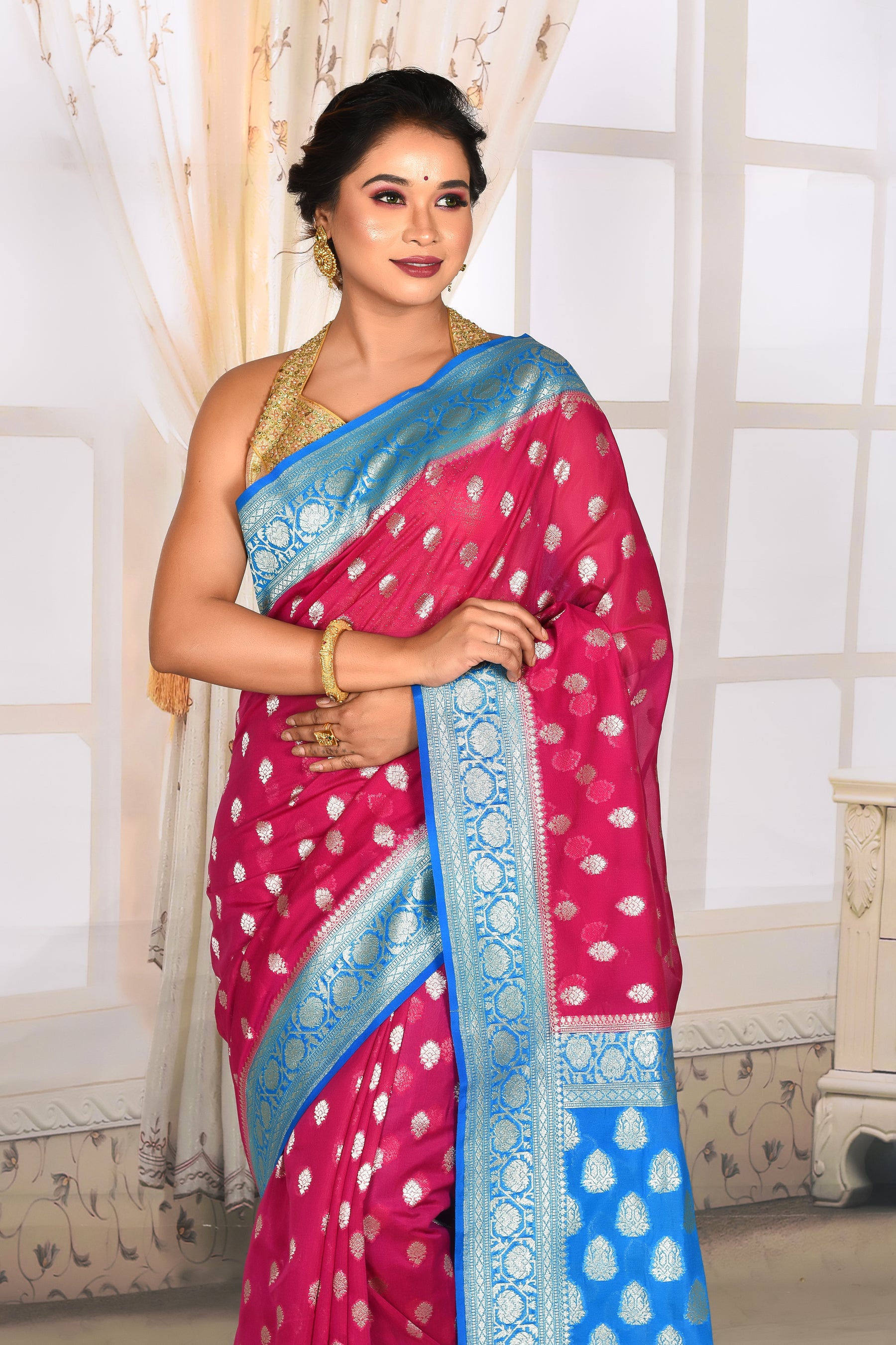 Rani Organza Saree with Bright Blue Border - Keya Seth Exclusive