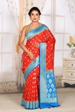 Load image into Gallery viewer, Red Organza Saree with Bright Blue Border - Keya Seth Exclusive
