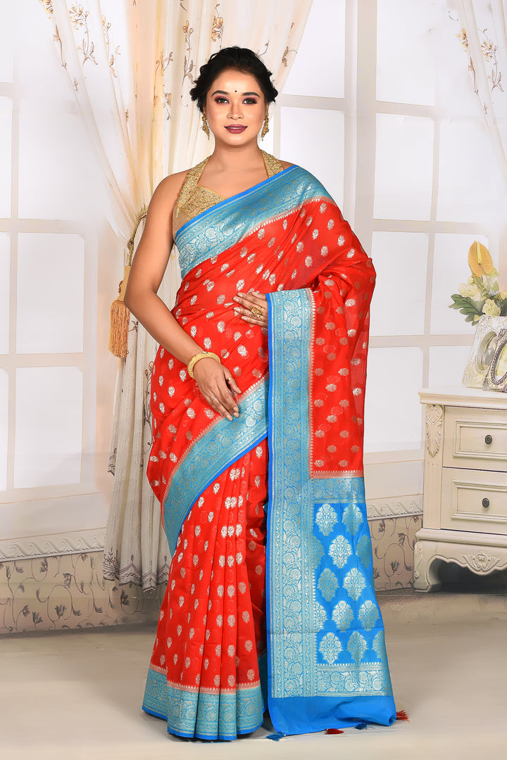 Red Organza Saree with Bright Blue Border - Keya Seth Exclusive