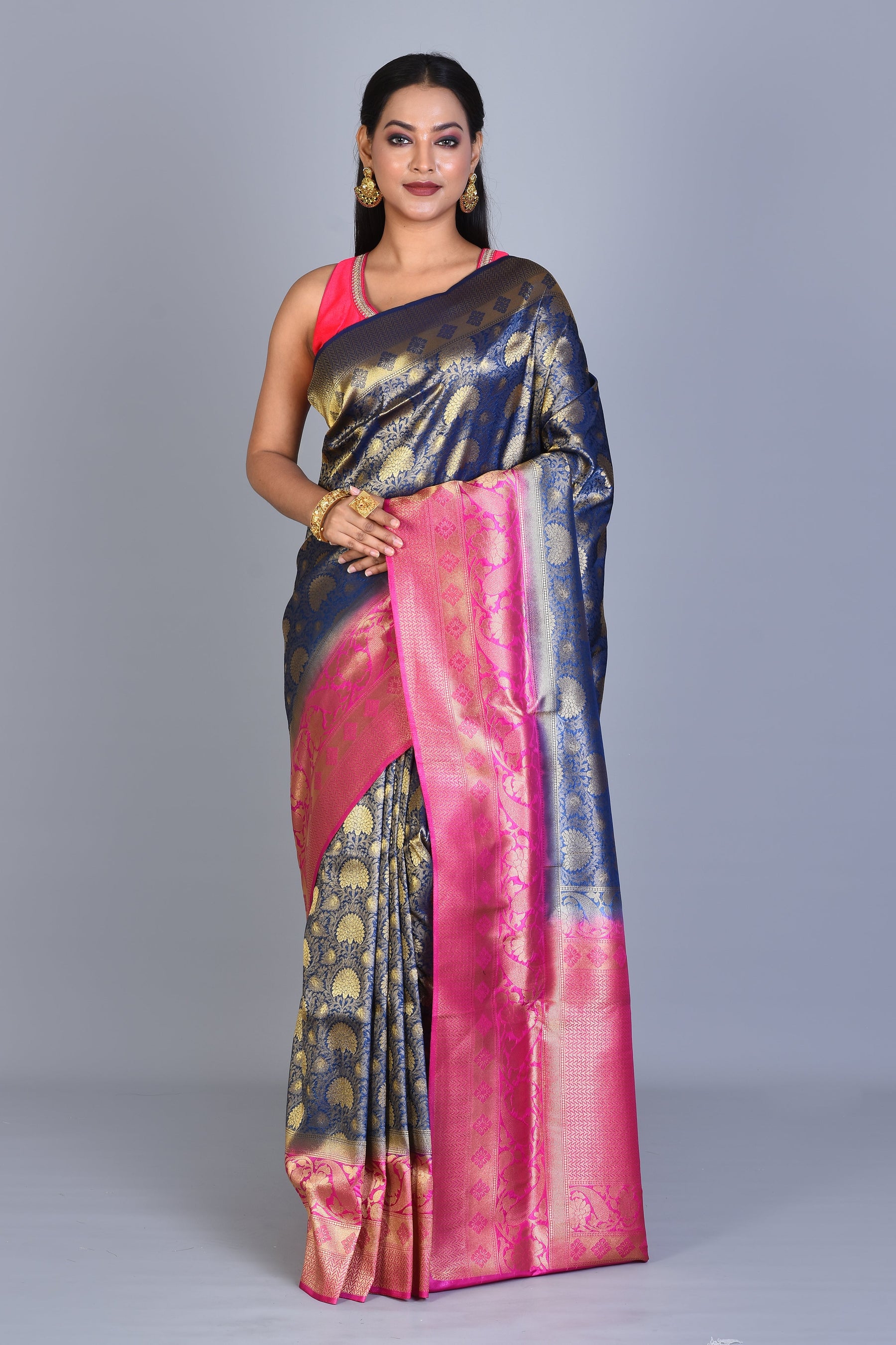 Navy Blue Blended Silk Saree with Blouse Piece - Keya Seth Exclusive