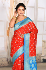 Load image into Gallery viewer, Red Organza Saree with Bright Blue Border - Keya Seth Exclusive
