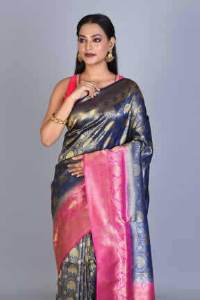 Navy Blue Blended Silk Saree with Blouse Piece - Keya Seth Exclusive