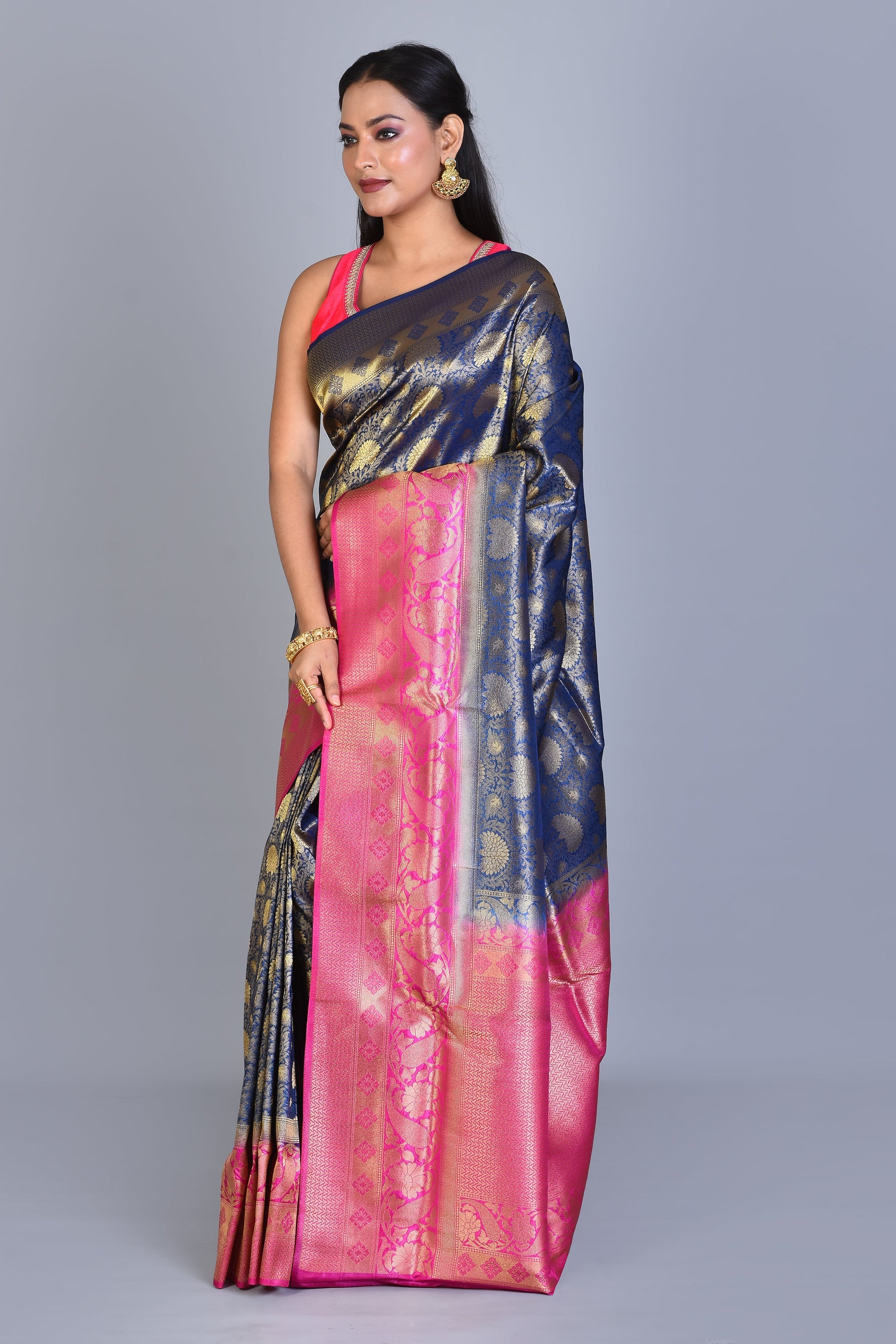 Navy Blue Blended Silk Saree with Blouse Piece - Keya Seth Exclusive