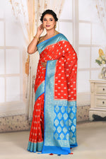 Load image into Gallery viewer, Red Organza Saree with Bright Blue Border - Keya Seth Exclusive
