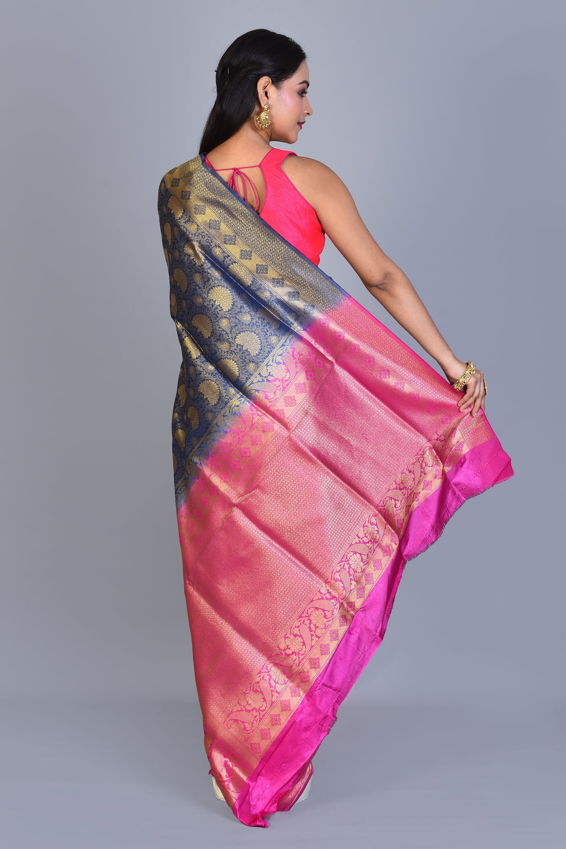 Navy Blue Blended Silk Saree with Blouse Piece - Keya Seth Exclusive