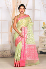 Load image into Gallery viewer, Mint Green Soft Tissue Saree with Pink Border - Keya Seth Exclusive
