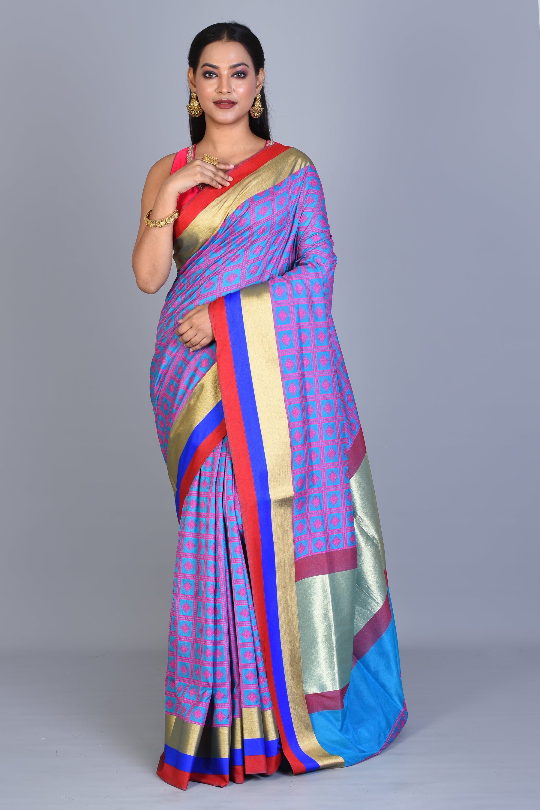 Blue Checkered Cotton Saree with Blouse Piece - Keya Seth Exclusive