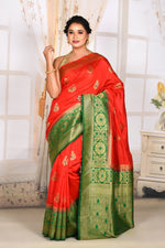 Load image into Gallery viewer, Vermilion Red Semi Silk Saree with Green Border
