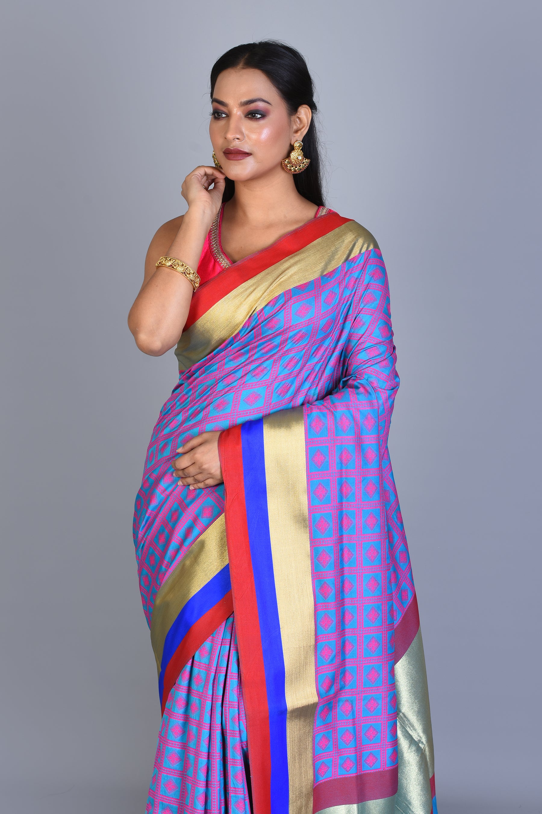 Blue Checkered Cotton Saree with Blouse Piece - Keya Seth Exclusive