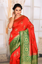 Load image into Gallery viewer, Vermilion Red Semi Silk Saree with Green Border - Keya Seth Exclusive
