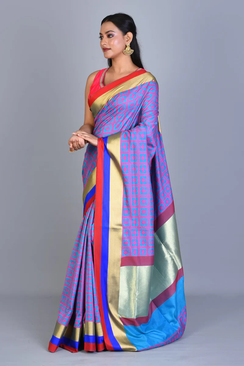 Blue Checkered Cotton Saree with Blouse Piece - Keya Seth Exclusive
