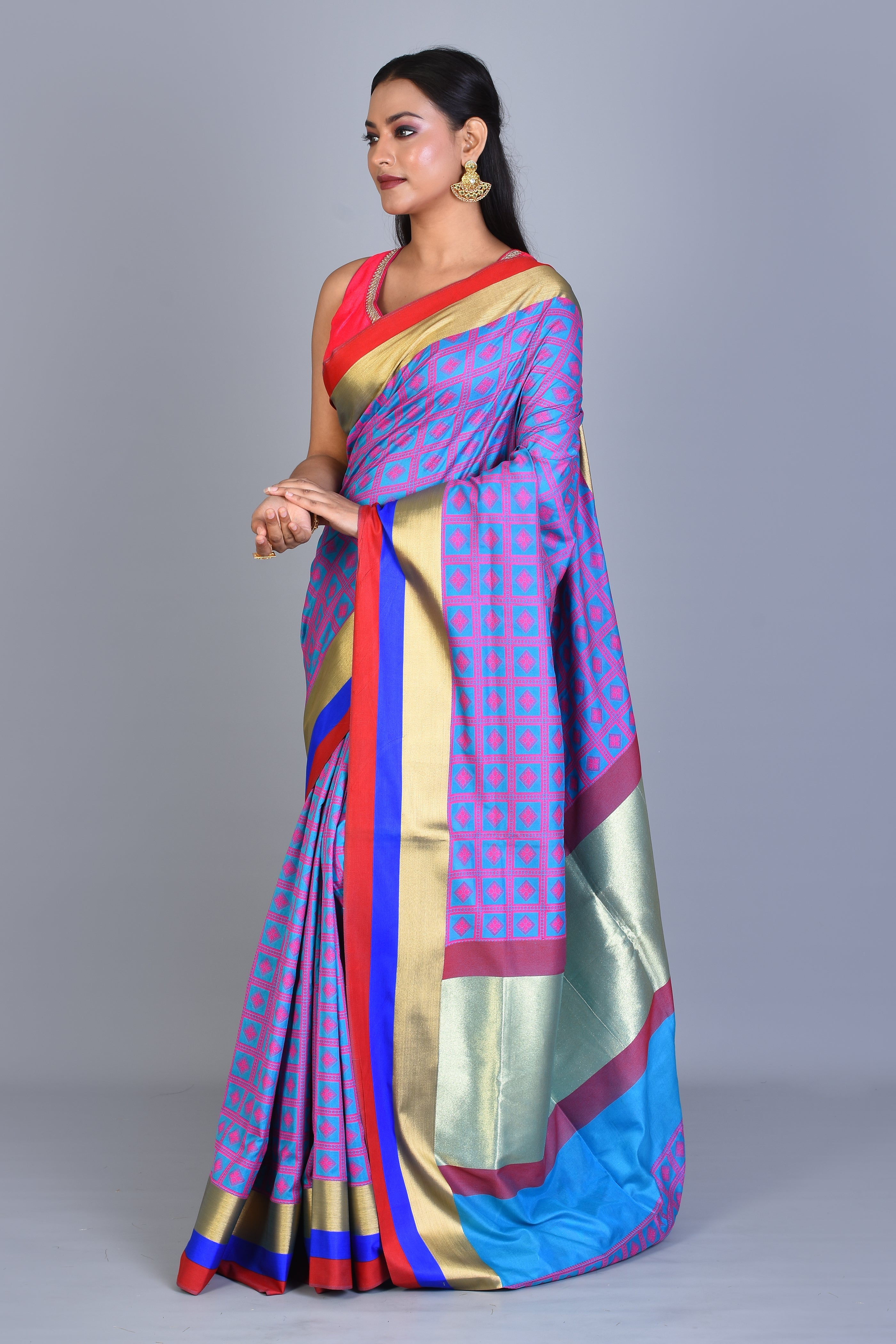 Blue Checkered Cotton Saree with Blouse Piece - Keya Seth Exclusive