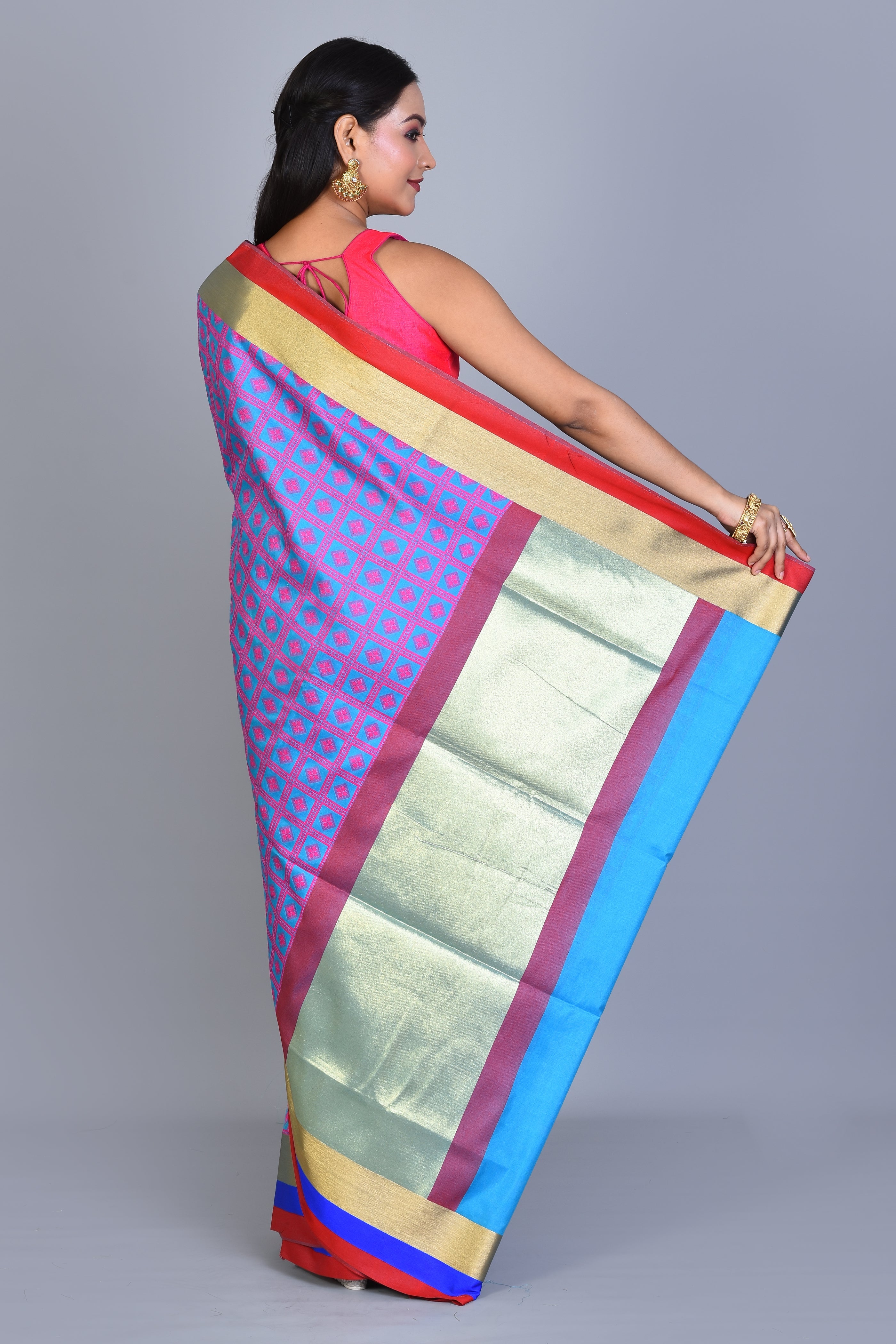 Blue Checkered Cotton Saree with Blouse Piece - Keya Seth Exclusive