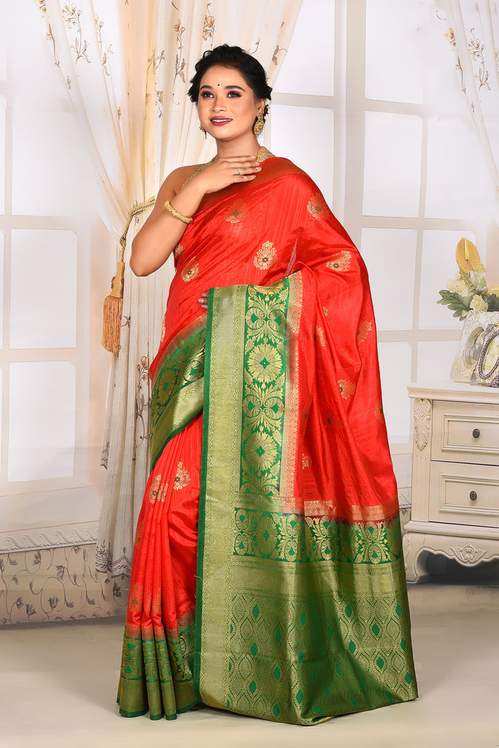 Vermilion Red Semi Silk Saree with Green Border - Keya Seth Exclusive