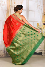 Load image into Gallery viewer, Vermilion Red Semi Silk Saree with Green Border - Keya Seth Exclusive
