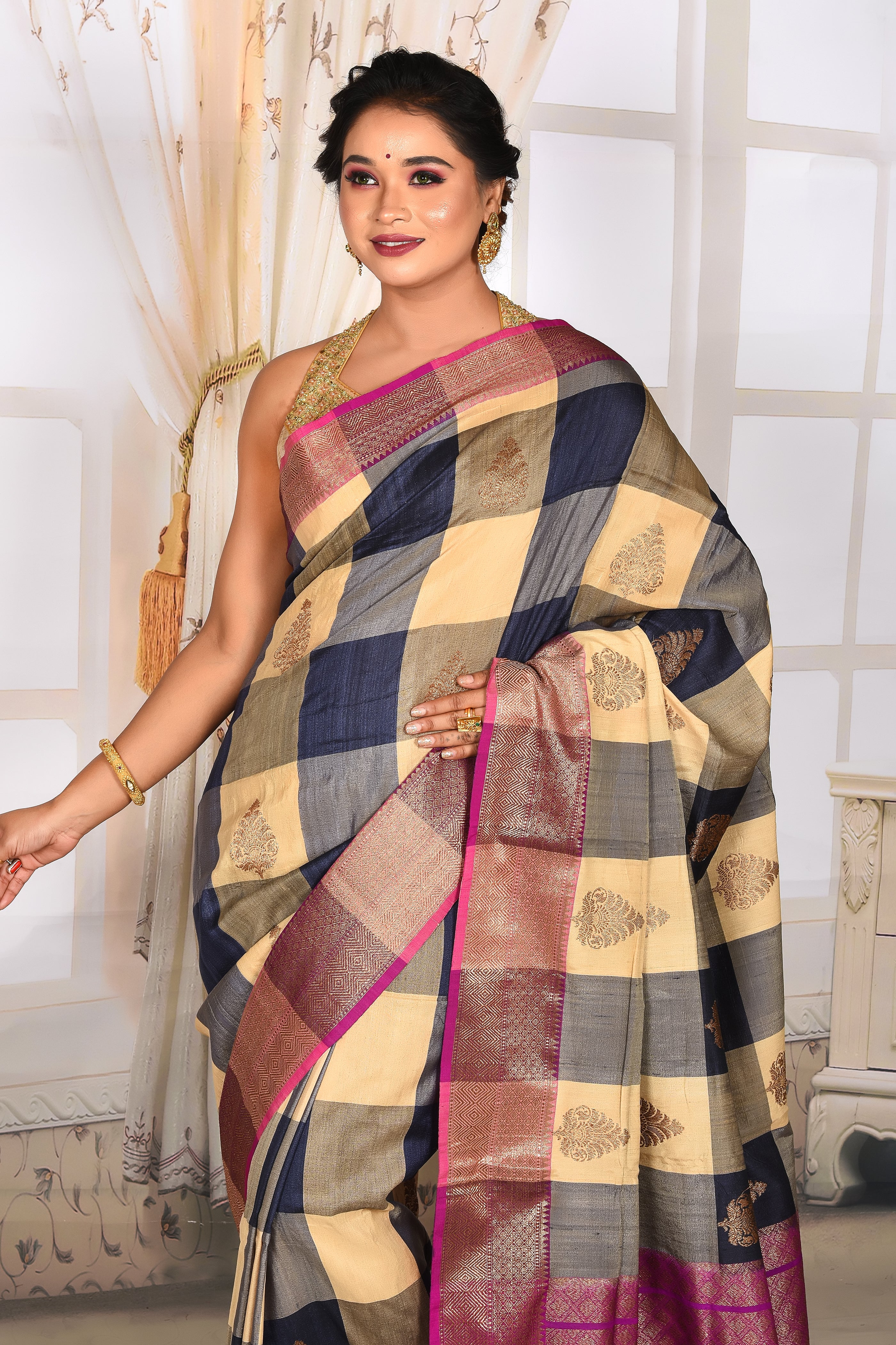 Offwhite and Blue Checkered Pure Tussar Silk Saree - Keya Seth Exclusive