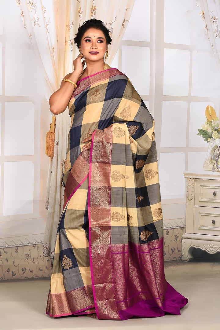 Offwhite and Blue Checkered Pure Tussar Silk Saree - Keya Seth Exclusive