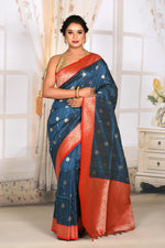Load image into Gallery viewer, Shiny Bright Blue Semi Tussar Saree with Red Border - Keya Seth Exclusive
