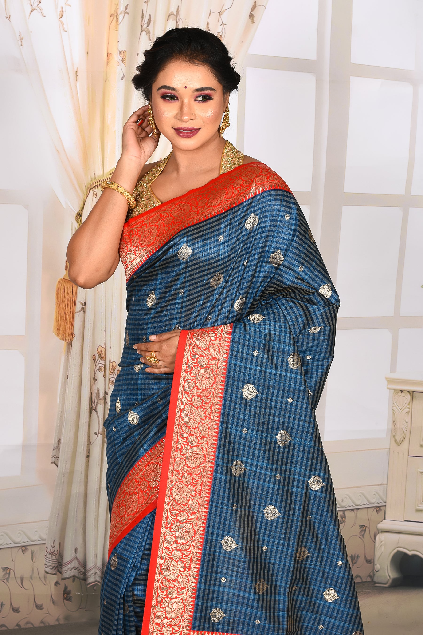 Shiny Bright Blue Semi Tussar Saree with Red Border - Keya Seth Exclusive