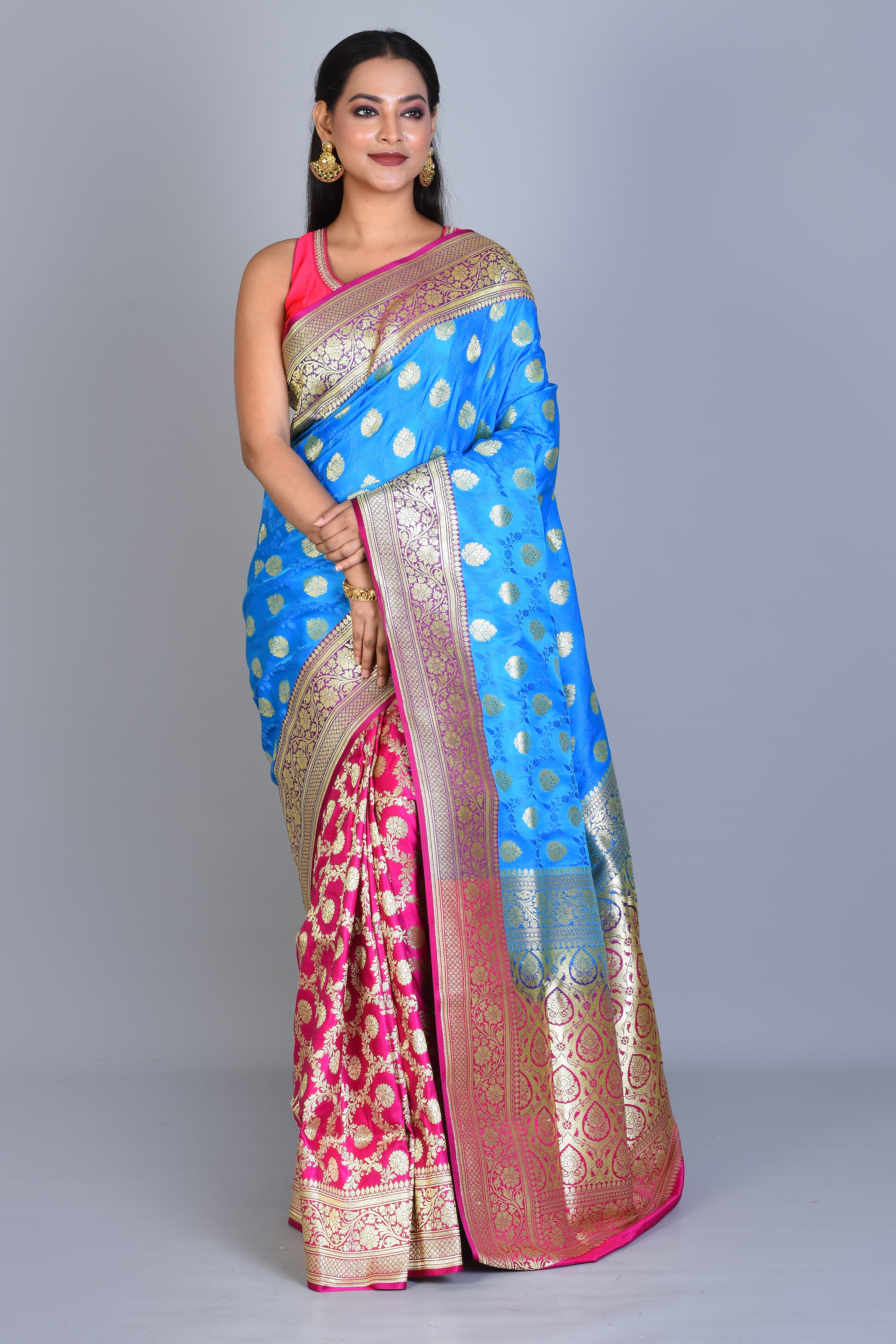 Royal Blue and Pink Half & Half Banarasi Silk Saree with Blouse Piece - Keya Seth Exclusive