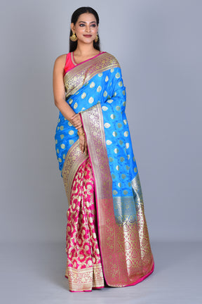 Royal Blue and Pink Half & Half Banarasi Silk Saree with Blouse Piece - Keya Seth Exclusive