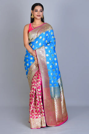 Royal Blue and Pink Half & Half Banarasi Silk Saree with Blouse Piece - Keya Seth Exclusive