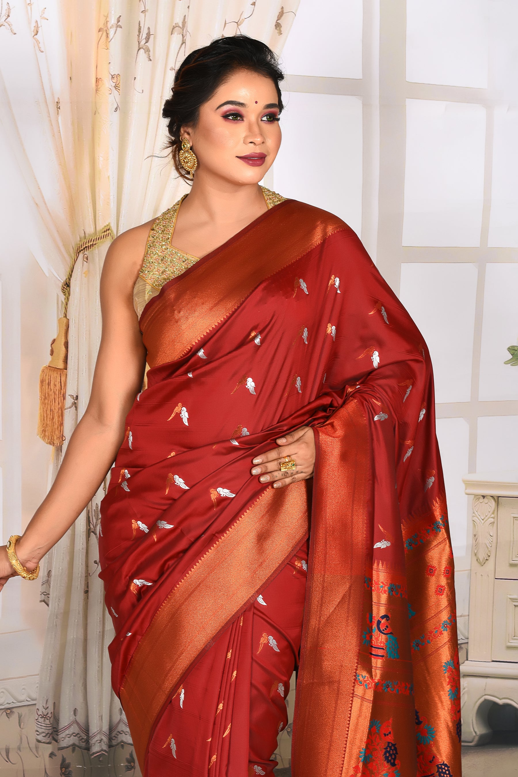 Maroon Mulmul Cotton Saree - Keya Seth Exclusive