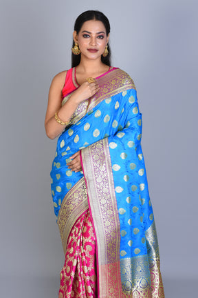 Royal Blue and Pink Half & Half Banarasi Silk Saree with Blouse Piece - Keya Seth Exclusive