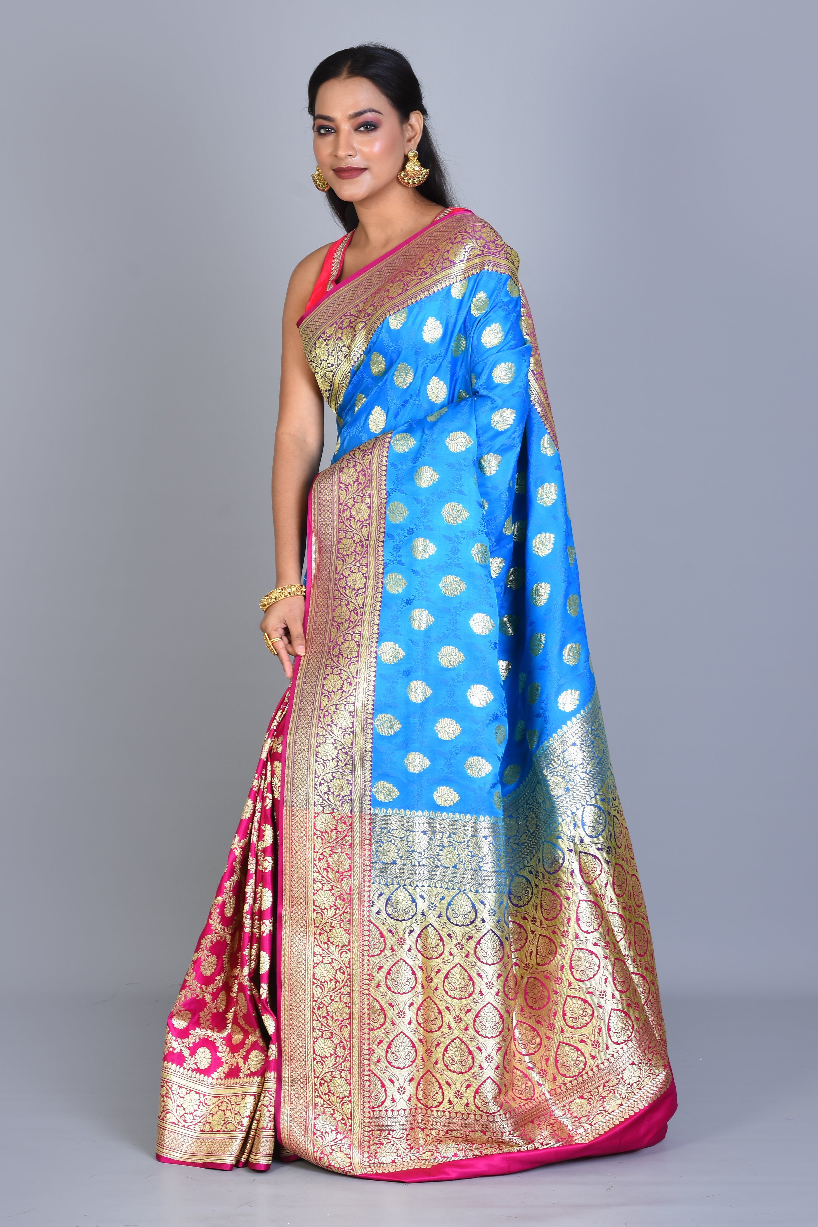 Royal Blue and Pink Half & Half Banarasi Silk Saree with Blouse Piece - Keya Seth Exclusive